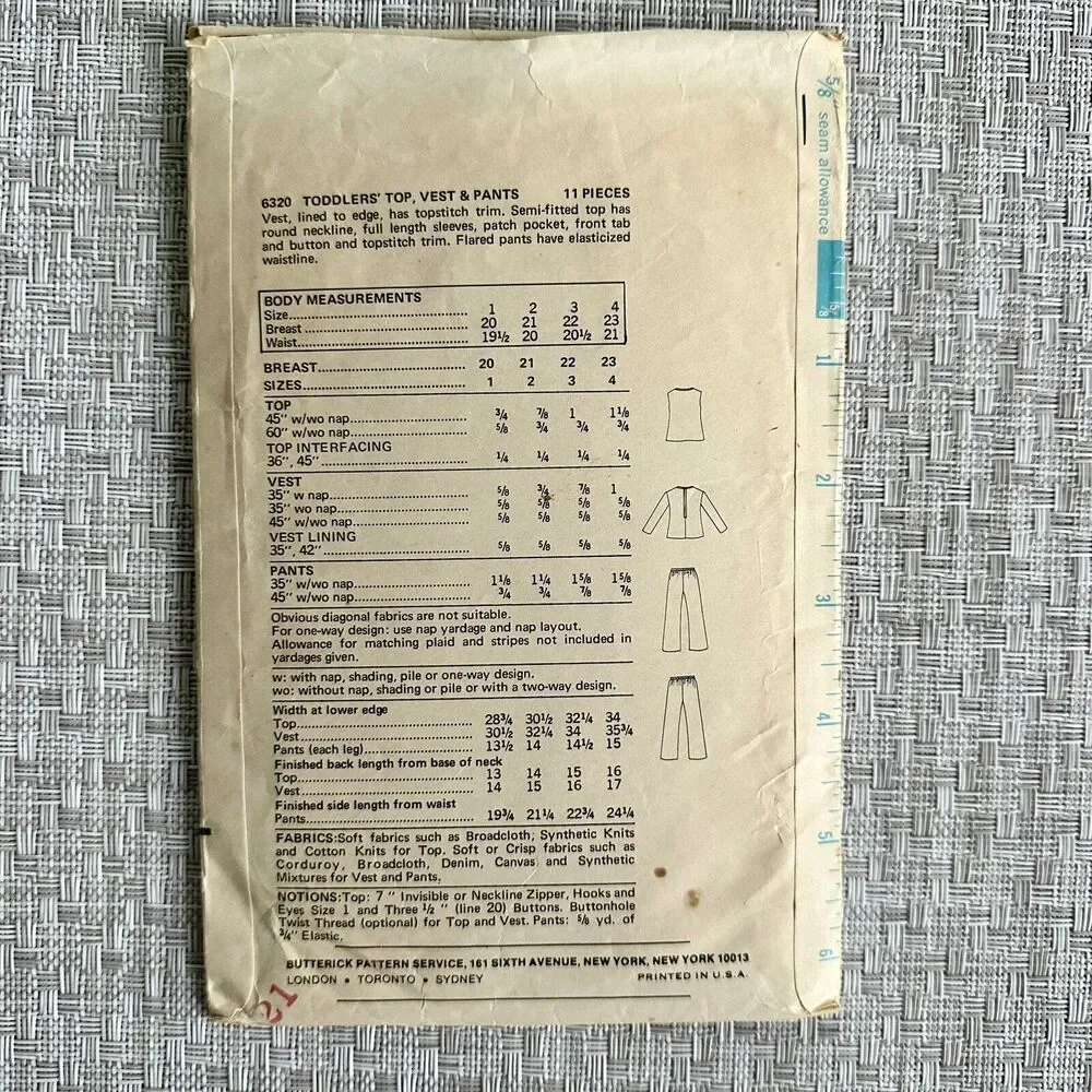 Vintage Butterick Sewing Pattern 6320 Toddler Top Pants Vest Easy Sewing Pattern